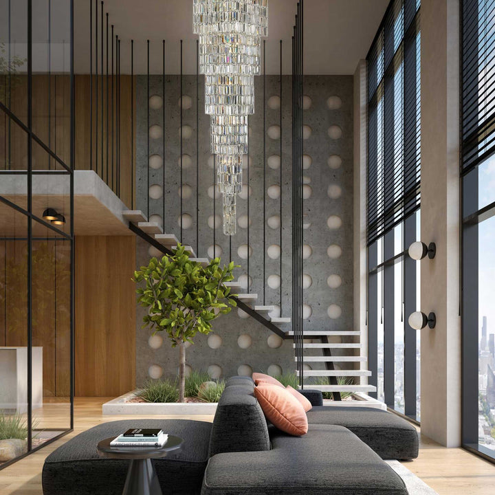 Modena Entrance Crystal Pendant Light - Large 6 Tier Square - W:40 H:220cm - Designer Chandelier Australia