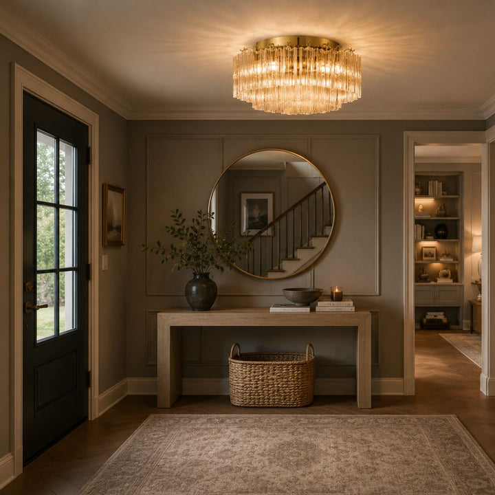 Odelle Collection - Flush Mount Chandelier - Clear & Satin Brass - W:56cm