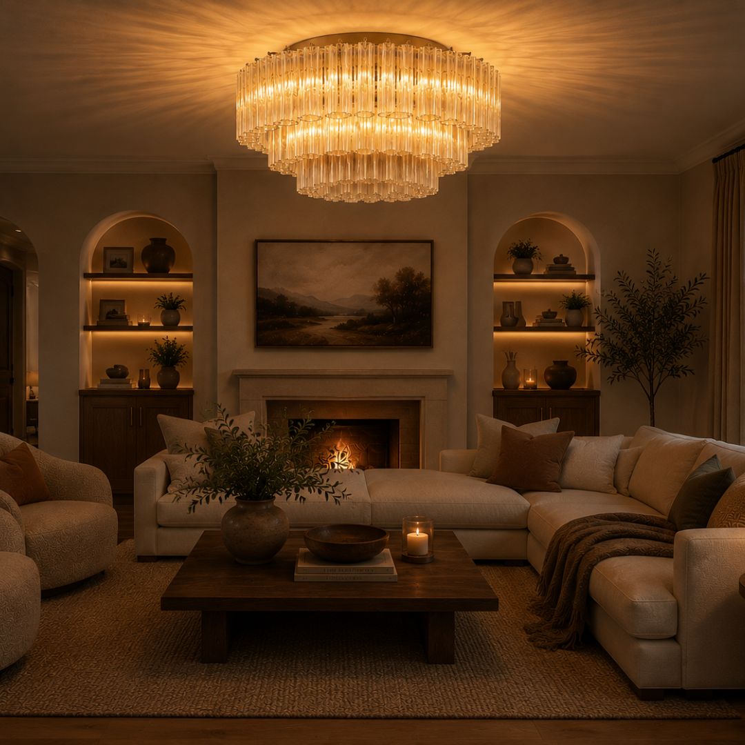 Odelle Collection - Flush Mount Chandelier - Amber & Satin Brass - W:80cm
