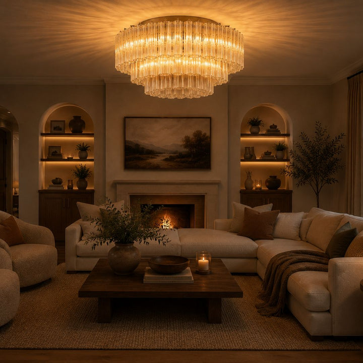 Odelle Collection - Flush Mount Chandelier - Amber & Satin Brass - W:80cm
