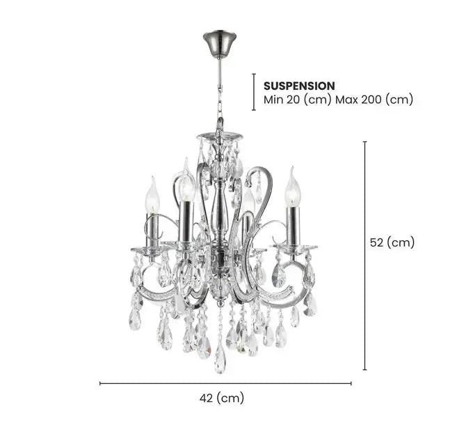 NewYork Princess 4 Arm Chandelier- Chrome- W:42cm