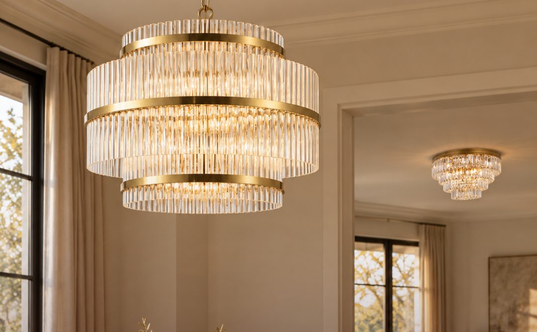 Two Chandeliers, Seamless Design: Harlow Collection - 3 Layer Chandelier - Satin Brass - W:70cm with Jordan Collection - Flush Mount Chandelier - Antique Gold - W:40cm