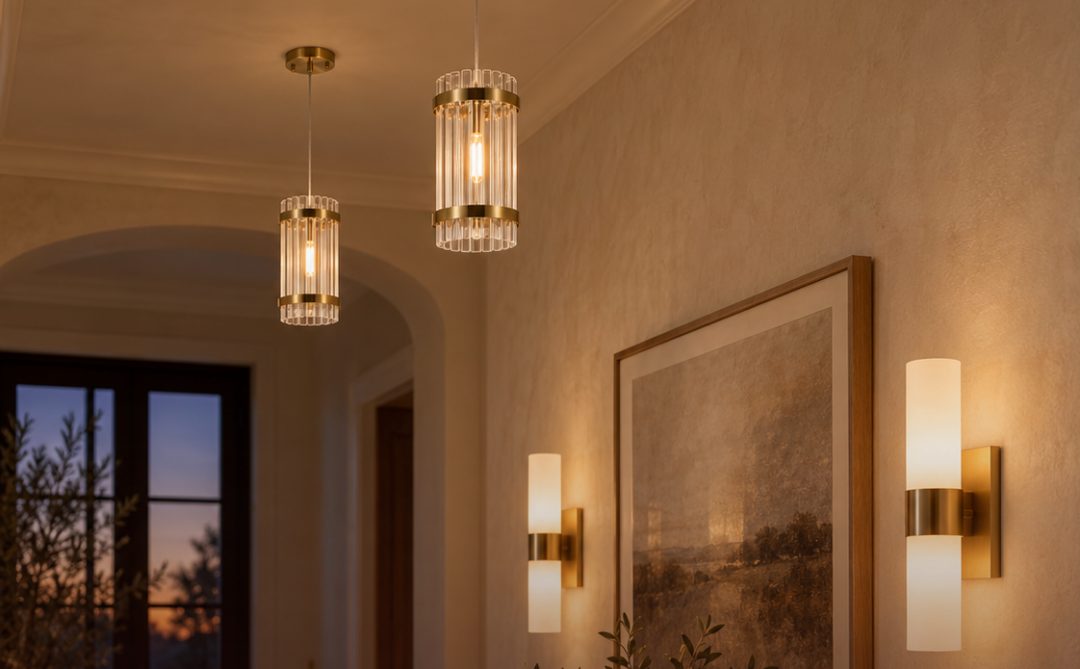 The Warm Entry: Harlow Collection - Pendant - Satin Brass - W:15cm with Provincial Collection Wall Sconce - Frosted Glass - Brass Finish - H:25cm