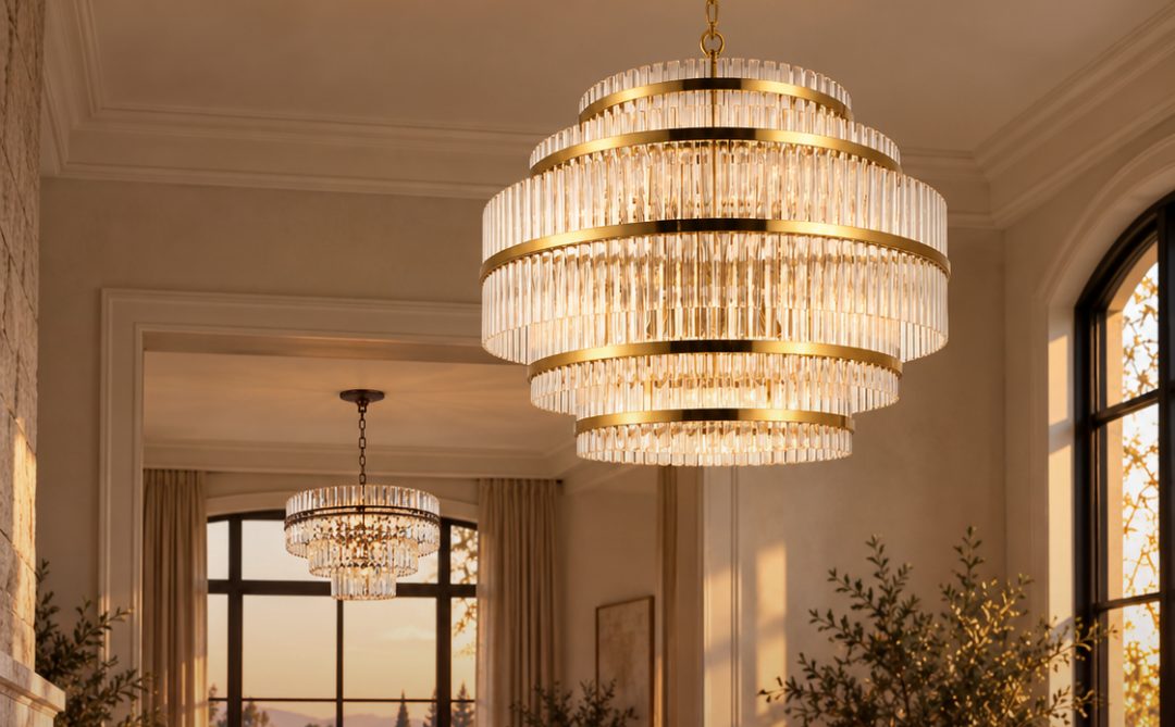 Two Heroes: Ashton Collection - Chandelier - Warm Bronze Finish - W:68cm with Harlow Collection - 5 Layer Chandelier - Satin Brass